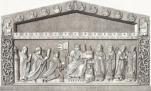 An image of the Carolingian cathedral on the tomb of Archbishop Hincmar (9th century), destroyed in 1793