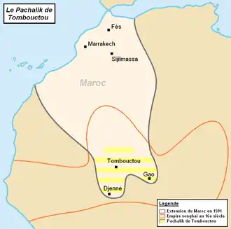 Map of the Pashalik of Timbuktu (yellow-striped) as part of the Saadi dynasty of Morocco (outlined black) within the Songhai Empire (outlined red), c. 1591