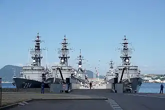 JS Tone, JS Abukuma, JS Sendai, JS Samidare and JS Kurobe at Kure on 20 September 2015.