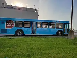 Blue bus, with grass in the foreground