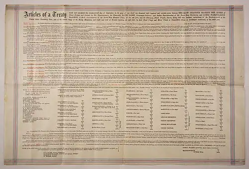 A large piece of parchment paper with detailed, small text of the treaty.