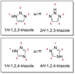 -HN-N=N-CH=CH- interconverts with =N-HN-N=CH-CH= (1,2,3-triazole) and -HN-N=CH-N=CH- interconverts with =N-N=CH-NH-CH= (1,2,4-triazole)