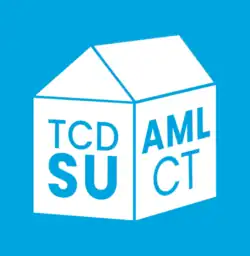 Logo of Trinity College Dublin Students' Union. Three dimensional house with the abbreviation TCDSU on the front and AMLCT on the side.