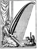 Turkish woman playing the harp, 17th century A.D. Harp has pegs on bottom of instrument.