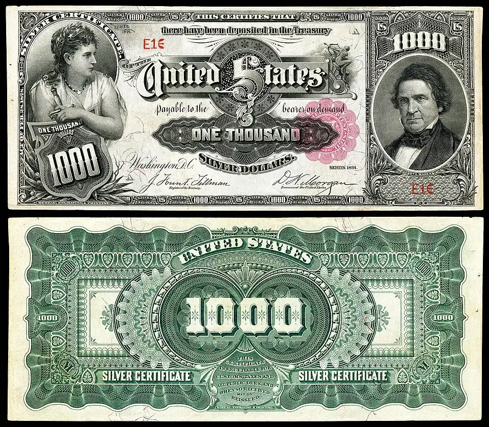 $1000 Silver Certificate, Series 1891, Fr.346e, depicting William Marcy