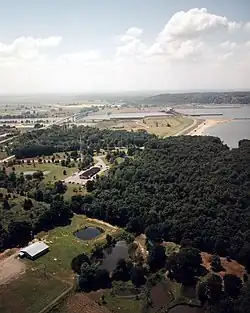 Aerial view of Robert S. Kerr Lock and Dam, impounding Robert S. Kerr Reservoir on the Arkansas River
