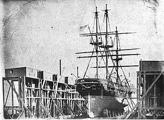 USS St. Mary's in drydock at Mare Island Naval Shipyard, ca. 1854