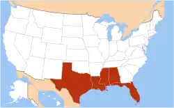 States that border the gulf are shown in red.