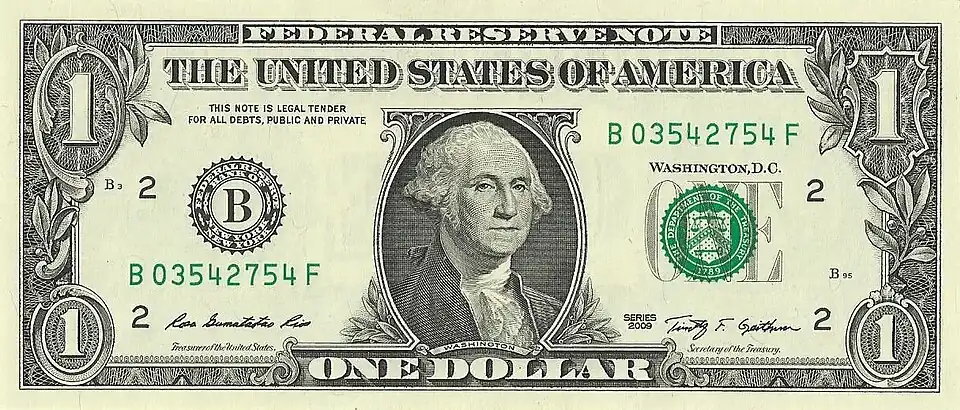Paper currency with a portrait of Washington and a denomination of one US dollar