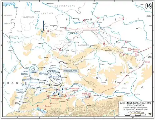 Map with scattered blue lines detailing the envelopment of the Austrian army, showing moving with scattered red lines.