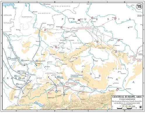 Map with scattered blue lines showing the French army heading east towards Central Europe. The Russians are still moving through Eastern Europe.