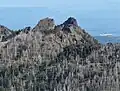 Unicorn Peak (left) and Unicorn Horn (right) seen from Hurricane Hill, with Port Angeles and Strait of Juan de Fuca in the distance.