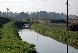 A stream perhaps 20 feet (6.1 m) wide flows between grassy banks and telephone poles on either side. Waterfowl float on the stream near a low bridge in the middle distance. In the far distance is a line of trees.