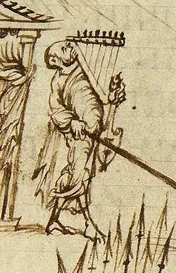 Man holding a harp or rotte,[20] a cythara, and rope.