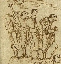 Utrecht Psalter, (left to right) lyre, cythara, timbrel (called that in the text) or drum, harp.