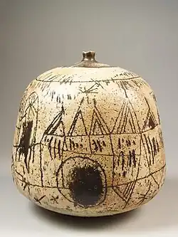 Vase with incised figurative decor of landscape with buildings, 1956-62