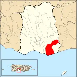 Location of Vayas barrio within the municipality of Ponce shown in red