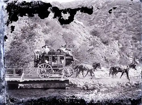 Matilija Hot Springs stagecoach crossing a bridge (Ventura Co. Museum gp196)