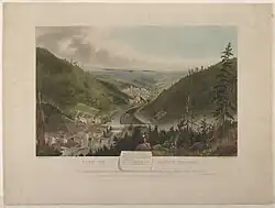 Painting of Mount Carbon, Pennsylvania by John Rowson Smith engraved by his father John Rubens Smith.