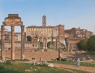 View of the Forum in Rome by Christoffer Wilhelm Eckersberg, 1814. The three columns are in the left foreground.