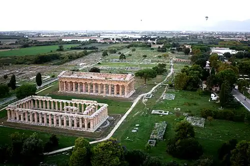 the First and Second Hera temples, the ruins of the city centre, and the Temple of Athena in the distance