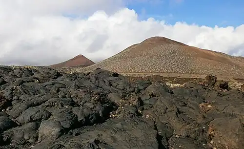 Volcanic cones and pahoehoe lava at La Restinga on El Hierro