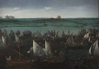 Dutch gueux de mer engage the Spanish at the battle of Haarlemmermeer, 1573; painting by Hendrick Cornelisz Vroom, ca. 1621.
