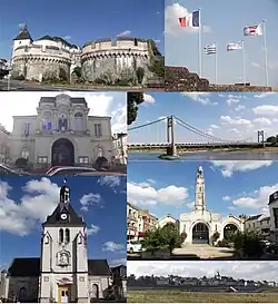 From top to bottom, left to right: The Château d'Ancenis, the flags above the town hall, the town hall, the Ancenis Bridge, St. Peter's Church, the Halles in Ancenis, and a panoramic view of Ancenis.