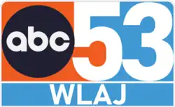 A rectangle with a white 53, which divides the rectangle into orange and light blue portions. The ABC network logo in near-black sits on the orange portion. Beneath in white on light blue are the letters W L A J.