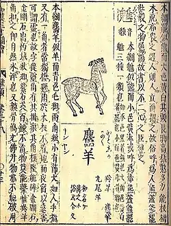 Encyclopaedia page featuring a drawing of a deer-like animal. It is surrounded with Japanese writing.