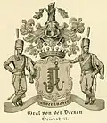 The General of the Cavalry Count Georg J.W.L. von der Decken&nbsp;[de] chose as blazon holders two soldiers of the 1. Hussar-Regiment of the King's German Legion, a Regiment, in which he had distinguished himself so much. He was honored with the title Graf in 1835. He had no legitimate children, therefore the title did not continue after his death in 1859.