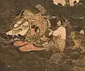 Details of the Water-Moon Avalokiteshvara painting shows a group of nobles (possibly the donors) dress in court clothing, Goryeo painting[93]