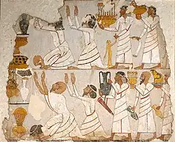 West Asiatic tribute bearers in the tomb of Sobekhotep, c. 1400 BC, Thebes. British Museum.[17]
