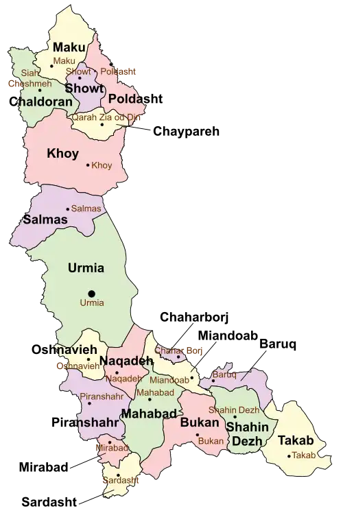 Location of Chaldoran County in West Azerbaijan province (top, green)