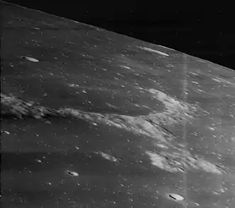 Oblique view of Wichmann R, facing southwest. Wichmann itself is just out of the view to the left. From Lunar Orbiter 3.