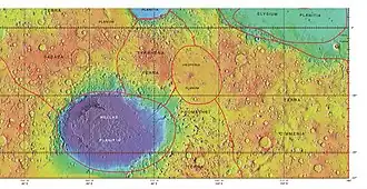 MOLA map showing boundaries of Elysium Planitia and other nearby regions