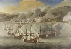 Ships burning at anchor in the harbour at Béjaïa