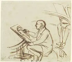 balding man sketching a naked figure