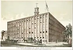 A lithograph of the Cornelius and Baker building by William H. Rease, printed by Wagner & McGuigan and published by J.H. Colton & Co. (1856)[5]