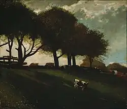 a painting of a trees casting shadows over a field at sunset