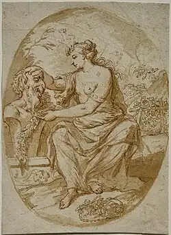 Woman sitting next to a bust of a Satyr, priv. col.