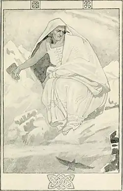 Print of old woman holding a hammer with a background of mountains