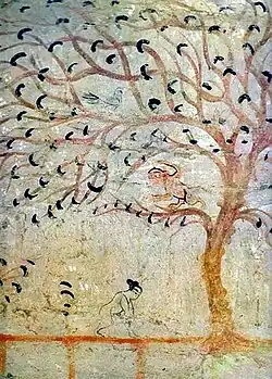 Nude girl harvesting, monkey in tree