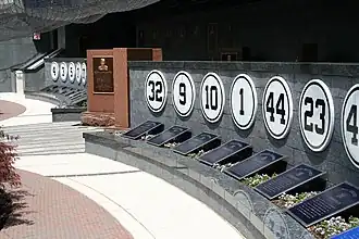 Row of blue numbers with a plaque splitting the row up