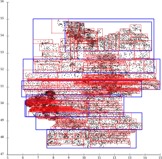 R-Tree with Guttman quadratic split., There are many pages that extend from east to west all over Germany, and pages overlap a lot. This is not beneficial for most applications, that often only need a small rectangular area that intersects with many slices.