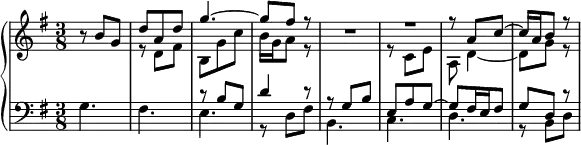 
\new PianoStaff <<
 \new Staff <<
  \new Voice \relative c'' {
   \key g \major \time 3/8
   r8 b g |
   \voiceOne d'8 a d |
   g4.~ |
   g8 fis r |
   \oneVoice R1*3/8 |
   \voiceOne R1*3/8 |
   r8 a, c~ |
   c16 a b8 r |
  }
  \new Voice \relative c' {
   \voiceTwo
   s4. |
   r8 d fis |
   b,8 g' c |
   b16 g a8 r |
   s4. |
   r8 c, e |
   a,8 d4~ |
   d8 g r |
  }
 >>
 \new Staff <<
  \new Voice \relative c' {
   \clef bass \key g \major \voiceOne
   s4. |
   s4. |
   r8 b g |
   d'4 r8 |
   r8 g, b |
   e,8 a g~ |
   g8 fis16 e fis8 |
   g8 d r |
  }
  \new Voice \relative c' {
   \voiceTwo
   g4. |
   fis4. |
   e4. |
   r8 d fis |
   b,4. |
   c4. |
   d4. |
   r8 b d |
  }
 >>
>>
