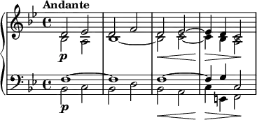 {
\new PianoStaff <<
\new Staff \relative d' {
\set Staff.midiInstrument = #"string ensemble 1" \key bes \major \clef treble \time 4/4 \set Score.tempoHideNote = ##t \tempo "Andante" 4 = 50
<<
{
\voiceOne \stemUp d2 \p es2 | % 2
d2 f2 | % 3
d2 \< es2 ~ | % 4
es4 \! \> d4 c2 \!
}
\new Voice \relative bes {
\voiceTwo \stemDown
bes2 a2 | % 2
bes1 ~ | % 3
bes2 c2 ~ | % 4
c4 bes4 a2
}
>> \oneVoice
}
\new Staff \relative f {
\set Staff.midiInstrument = #"string ensemble 1" \key bes \major \clef bass \time 4/4
<<
{
\voiceOne \stemUp
f1 \p ~ | % 2
f1 | % 3
f1 \< ~ | % 4
f4 \! \> g4 c,2 \!
}
\new Voice \relative bes, {
\voiceTwo \stemDown
bes2 c2 | % 2
bes2 d2 | % 3
bes2 a2 | % 4
c4 e,4 f2
}
>> \oneVoice
}
>>
}