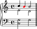 \new PianoStaff <<
\new Staff <<
\new Voice \relative c'' {
\stemUp \clef treble \key c \major \time 4/4
c4 \once \override NoteHead.color = #red b b2
}
\new Voice \relative c' {
\stemDown
e2 d
}
>>
\new Staff <<
\new Voice \relative c {
\clef bass \key c \major \time 4/4
<c g'>2 g' \bar "||"
}
>>
>>