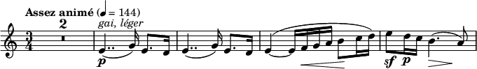 \relative c' {
\tempo "Assez animé" 4=144 \key c \major \time 3/4
\compressEmptyMeasures R2.*2 e4..\p ^\markup { \italic { gai, léger } } ( g16) e8. d16
e4..( g16) e8. d16 e4~ ^( e16 f\< g a b8\! c16 d) e8\sf d16\p c b4.*2/3\> ( s8\! a8)
}