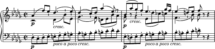 \relative c'' {
\new PianoStaff <<
\new Staff <<
\new Voice {
\stemUp \set Staff.midiInstrument = #"piano" \key des \major \clef treble \time 2/2 \set Score.tempoHideNote = ##t \tempo 4 = 88
as4 ^( f'8 ) es8 -! des4. _\markup { \italic {cresc.} } ^( es8 ) |
des4 ^( c8 ) -! des8 -! as'4 ^( es8 ) r8 |
bes8 ^( as'8 _\markup { \italic {cresc.} } ges8 ) -! f8 -! es4. ges16 f16 |
es4 ^( d8 ) -! es8 f8 -! r8 r4 |
}
\new Voice {
\stemDown
r2 \p des,4 _( bes'8 ) -! es,8 -! |
ges4. _( f8 ) d8 _( es8 bes'8 as8 ) |
ges8 \p r8 r4 es8 _( des'8 ces8 ) c8 |
f,4. _( bes8 ) bes8 s4 s8 |
}
>>
\new Staff {
\set Staff.midiInstrument = #"piano" \key des \major \clef bass \time 2/2
des,,8 \p -. c8 -. des8 -. es8 -. e8 _\markup { \italic { poco a poco cresc. } } -. f8 -. ges8 -. g8 -. |
as8 -. g8 -. as8 -. bes8 -. b8 -. c8 -. des8 -. c8 -. |
es,8 \p -. d8 -. es8 -. f8 -. ges8 _\markup { \italic { poco a poco cresc. } } -. g8 -. as8 -. a8 -. |
bes8 -. a8 -. bes8 -. c8 -. d8 -. r8 r4 |
}
>>
}